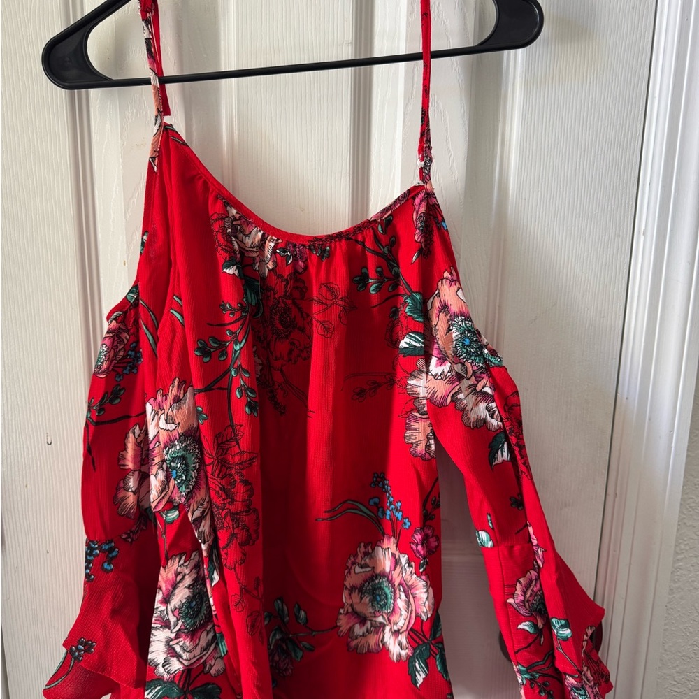 Gypsies & Moondust Red Asymmetrical Ruffled Blouse